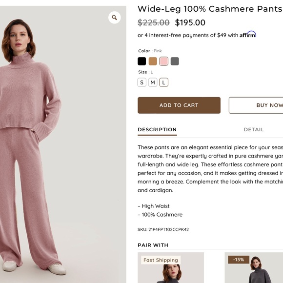 Gentle Herd Wide-Leg 100% Cashmere Pants NWT - Picture 1 of 3